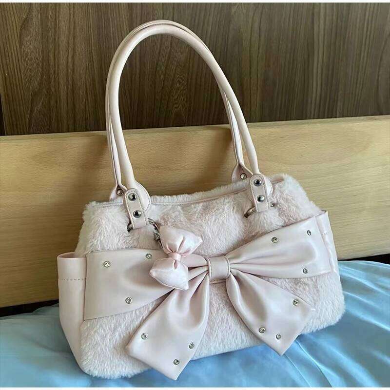 Sweet Bow Shoulder Retro Polka Dot Tote Fashion Women' Color Blocking Lace Canvas Bag Japanese Y2k Style Handbag XJ260130