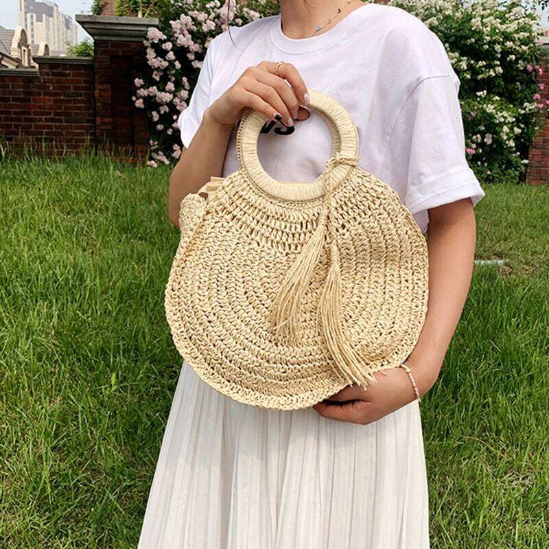 Summer Women Round Rattan Shoulder Handmade Woven Beach Bag Female Large Capacity Tassel Design Handbags XJ260130