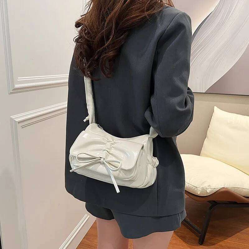 Cute Bow Design PU Leather Crossbody Bags for Women 2026 Y2K Trend Fashion Pleated Shoulder Bag Lady New Handbags and Purses