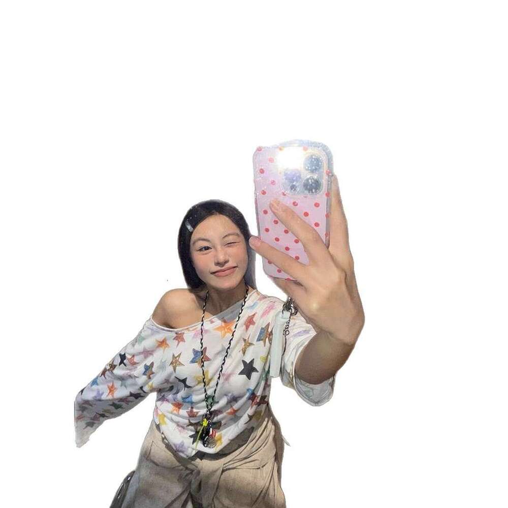 American Style Full Colorful Star Print Asymmetrical Long Sleeve T-Shirt Women's Summer Lightweight Off-Shoulder Sun Protection Cover-Up