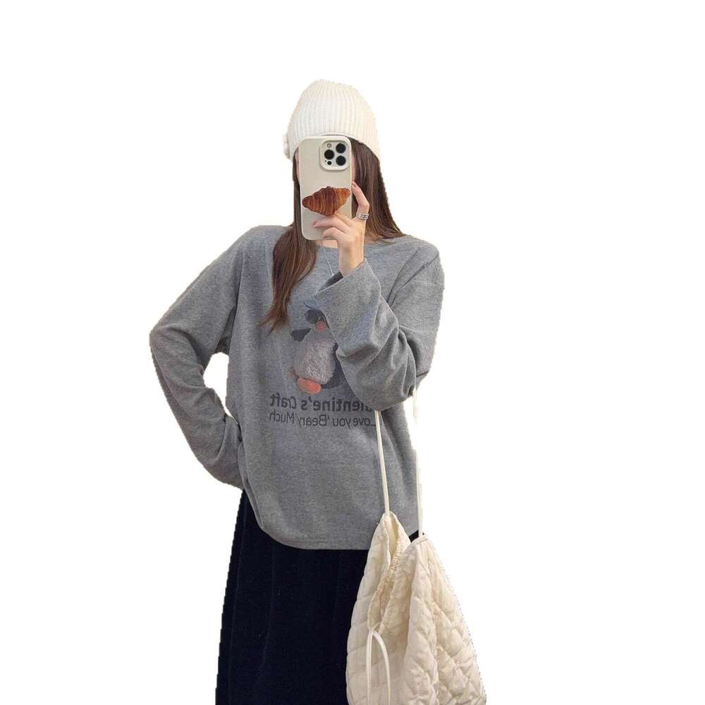 South Korea Dongdaemun Cashmere Texture Blue Hat Penguin Print Lazy Style T-Shirt For Women Autumn Winter New Long Sleeve Top