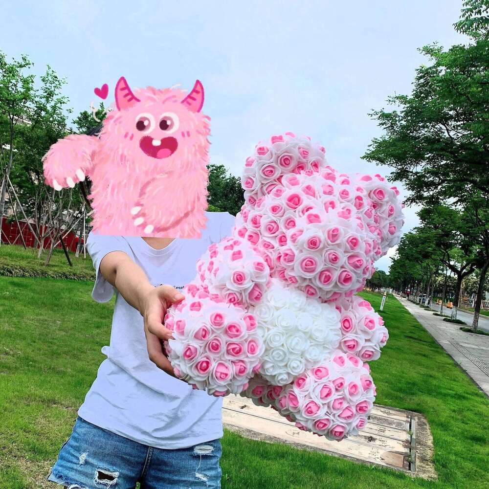 Double Color 25/40cm Teddy Heart Artificial Flower Rose Bear For Women Valentine's Wedding Birthday Christmas Gift Y260131