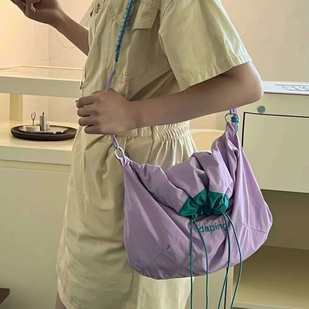 Contrast Color Letter Crossbody Large Capacity Nylon Drawstring Girl Women Handbags 2025 Casual Lightweight Shoulder Bag