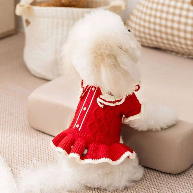 Winter Warm Luxury Dog Knitten Dress Cute Soft Puppy Princess Skirt Flower Print Cat Dresses Pet Sweater Clothes H260129