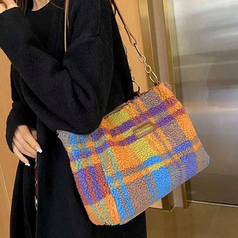Women's Plaid Pattern Sherpa Large Capacity Tote Bag Shopping Chroma Handbag