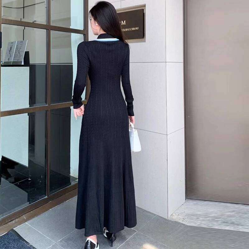 YuooMuoo Brand Fashion Knitted Maxi 2024 Elegant Turn-down Collar Embroidery Long Sleeve Shirt Dress Lady Sweater Vestidos XJ260131