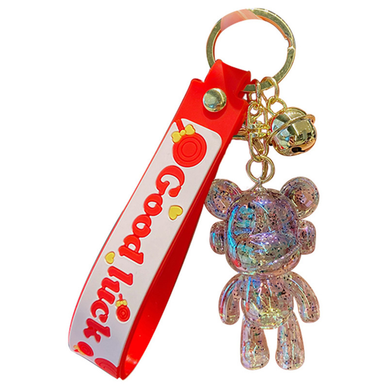Transparent Glitter Bear Keychain Cute Acrylic Pendant With Bell Fashion Bag Charm Car Keyring Good Luck Gift For Women