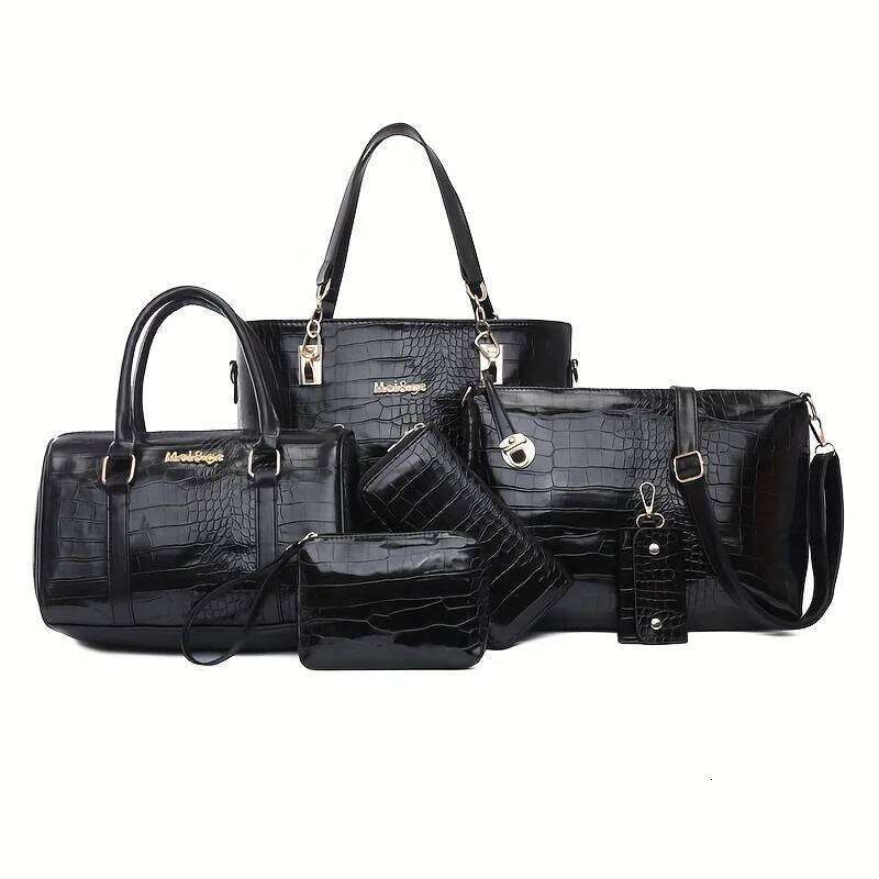 6pcs Vintage Women's Stylish Lacquer Crocodile Print Leather Handbag set Daily Commute Tote Shoulder Bag For Women Purse