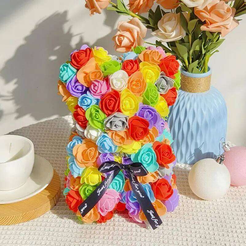 Cute Rose In Bear Shape 22cm Handmade Fully Assembled Christmas Flower for Mom Mother Wife Birthday parties Gifts Y260131