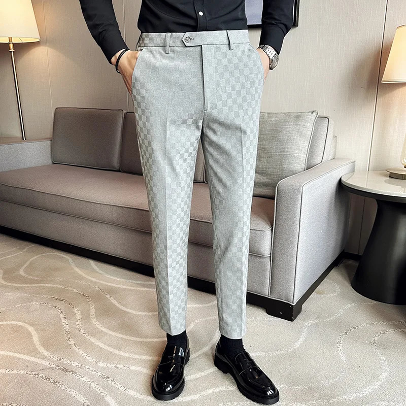 Mens Suit Pants Fashionable Slim Fit Business Social Office Formal Wedding Party Checkered 260120