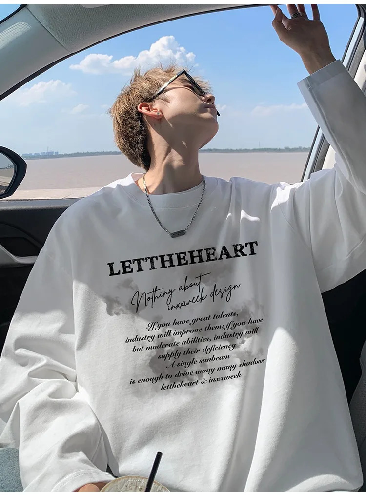 American Letter Print Long sleeved T-shirt Men Autumn 100 Cotton Loose Casual White T-shirt Y2k Top Youth men clothing 260118