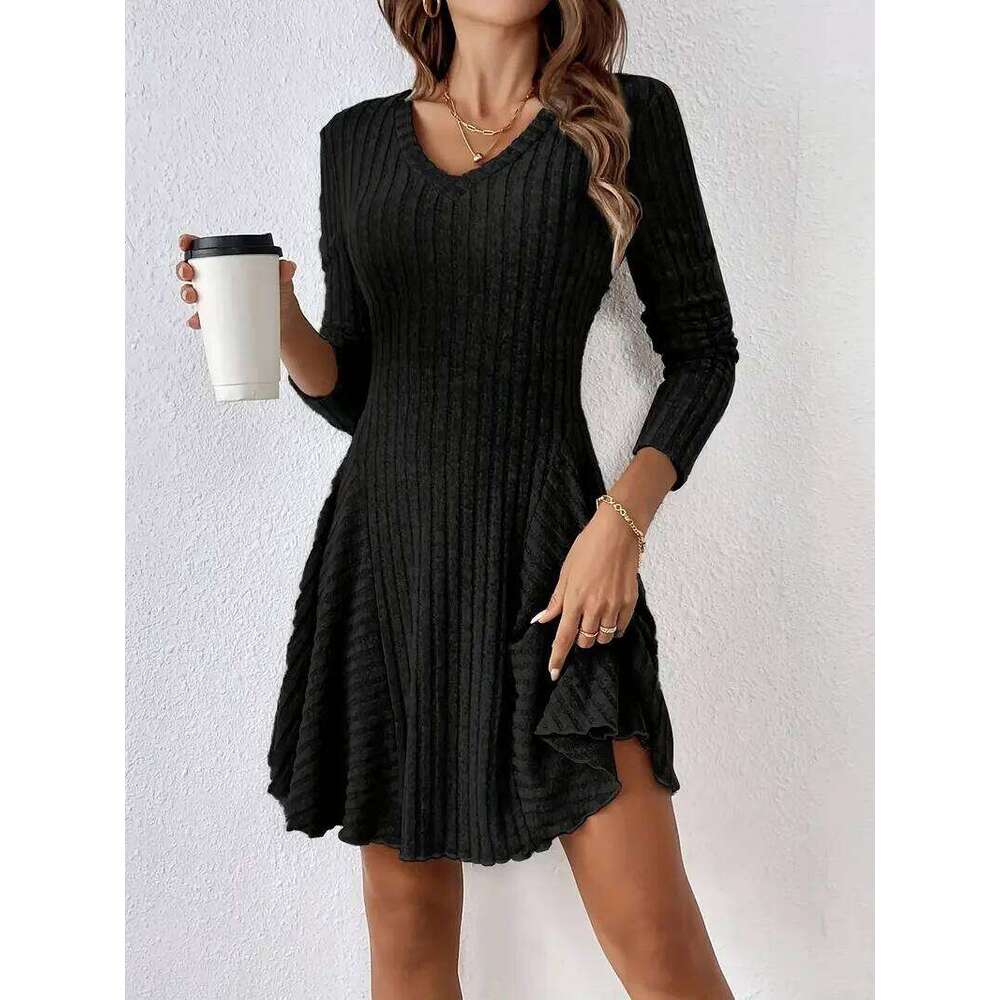 Women's V-Neck Knit - Long Sleeve Swing Mini Dress, Elegant Bodycon Short Dress XJ260131