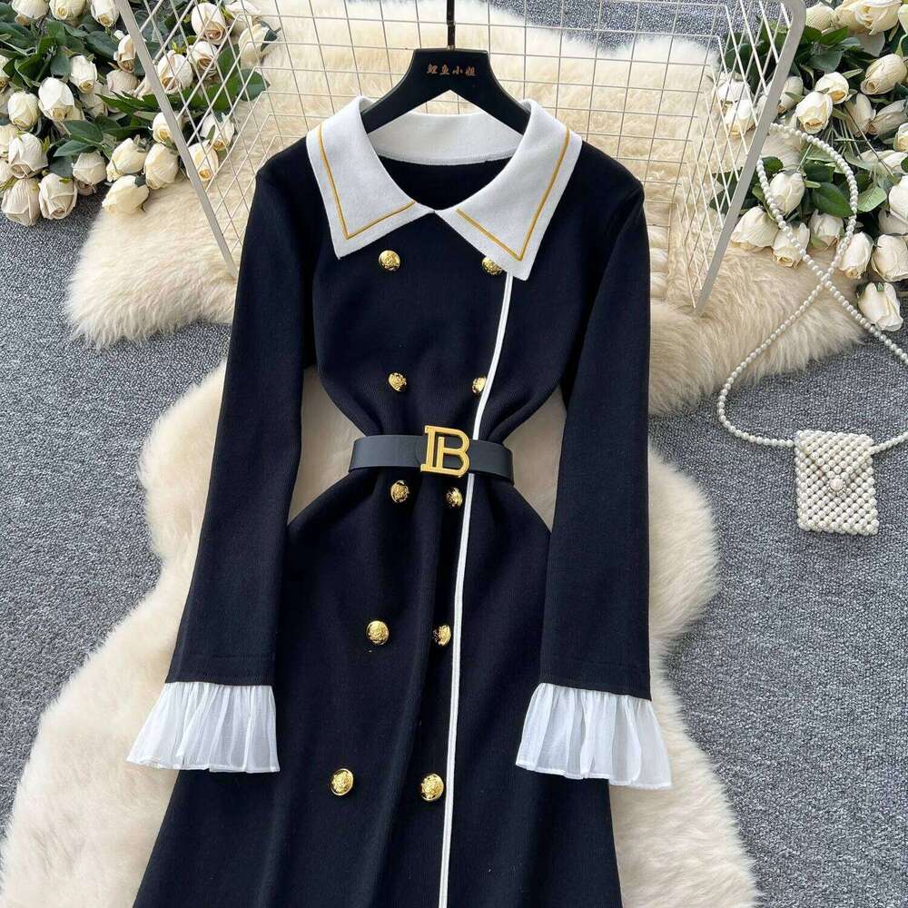 YuooMuoo Brand Fashion Aesthetic Knitted Long Autumn Winter Women Elegant Double-breasted Shirt Sweater Dress Lady Vestido XJ260131