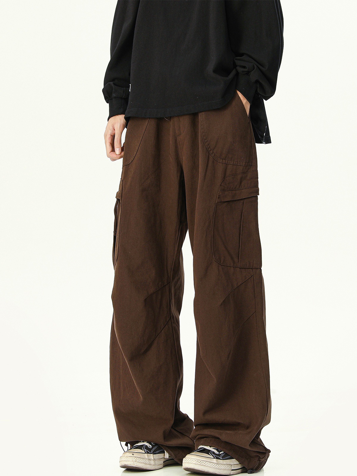Men's Maillard Hue Cargo Pants, Hip-Hop Parachute Style Wide Leg Trousers, High Street Vintage Utility Wear
