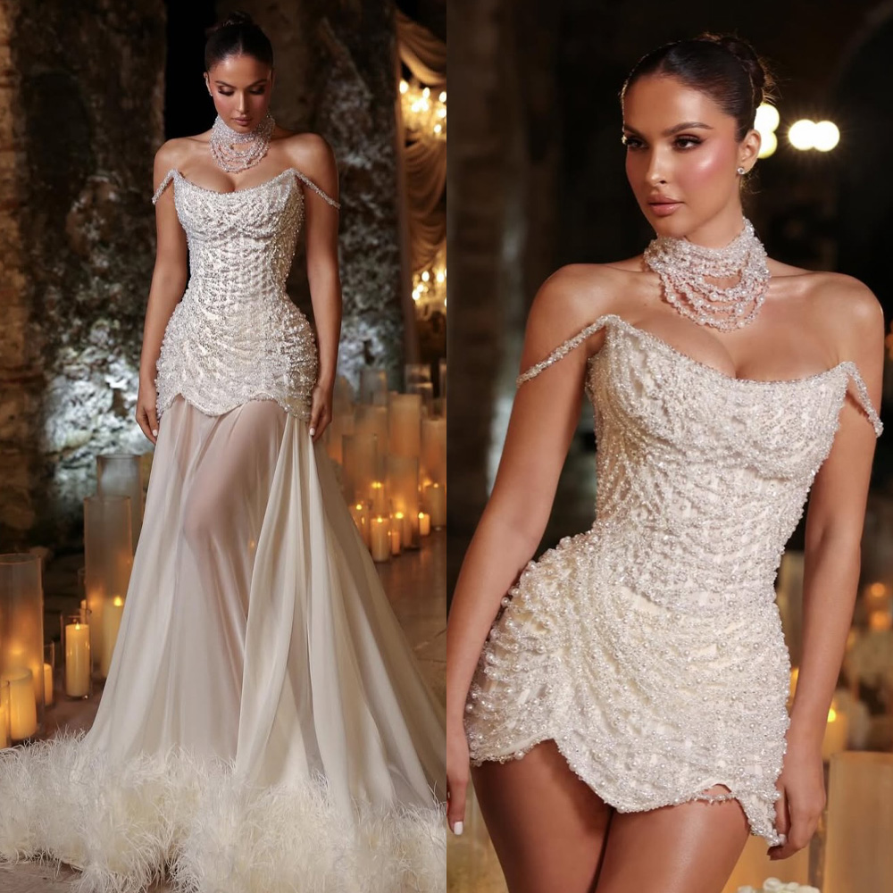 Simple Evening Dresses For Women Off Shoulder Sleeveless Gown Beading Detachable Train Dress Party Customized Dress