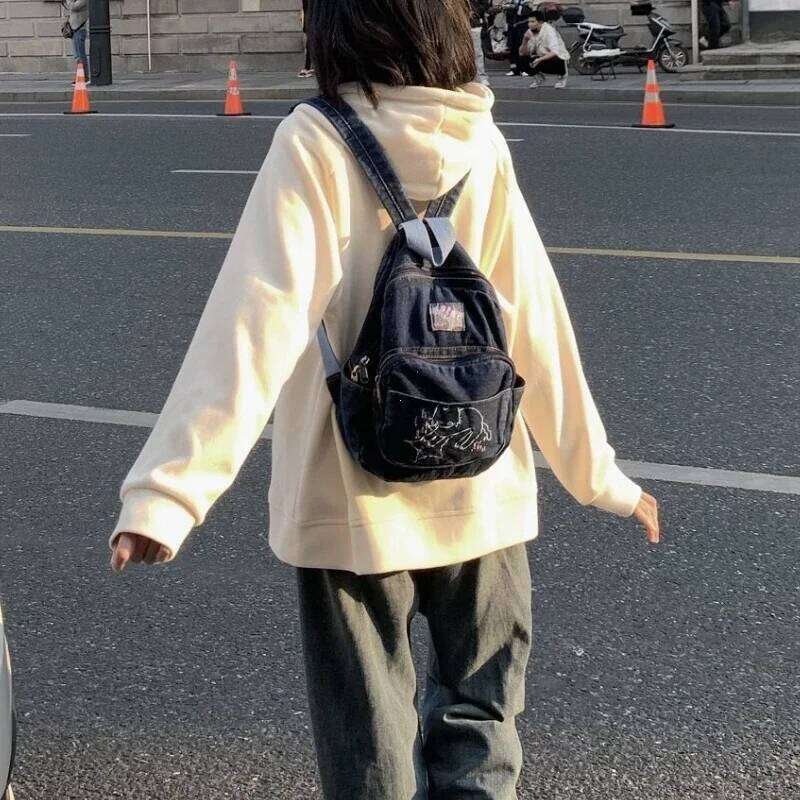 Large Capacity Student Schoolbag Japanese Simple Kawaii Cat Denim Handbag Shoulder Bags Cute Women Backpack 2025 ItaBag