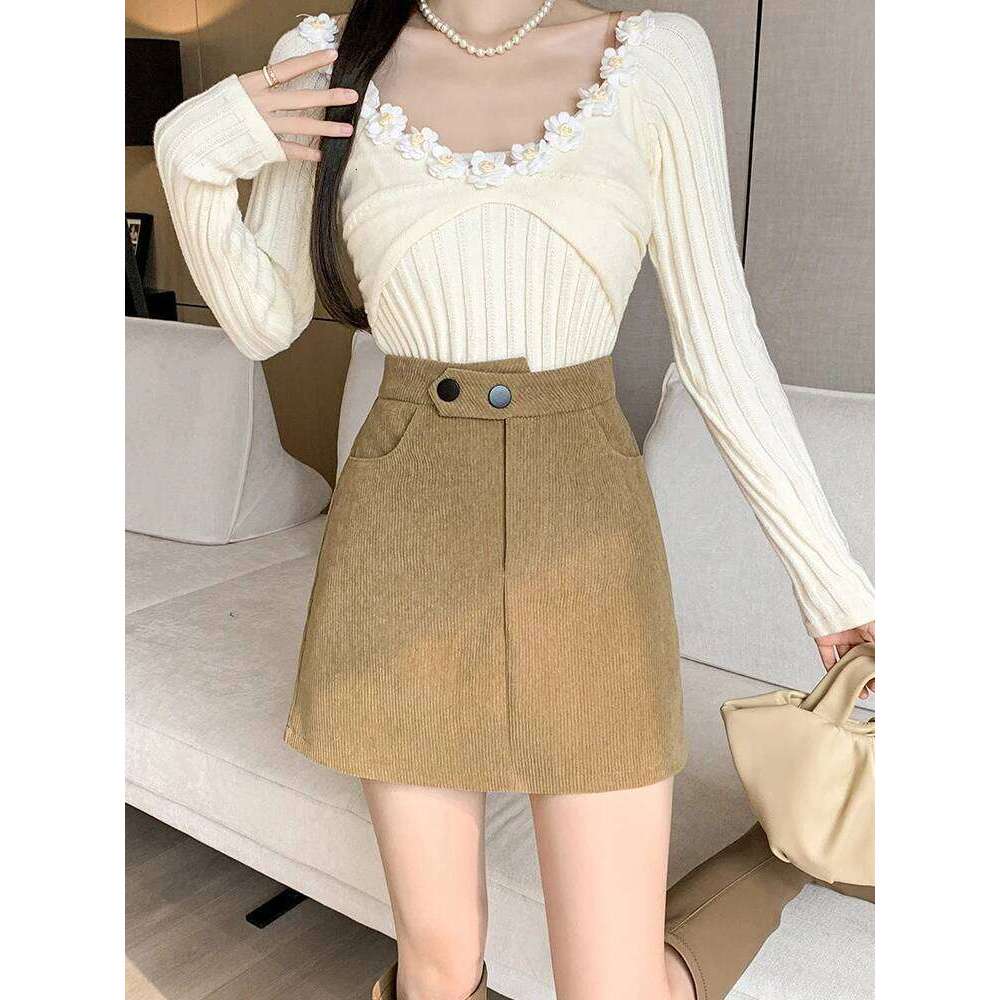 Khaki High Waisted Casual Corduroy Pencil Woman Autumn Winter Slim Hot Sweet Short A-line Skirt Female XJ260131