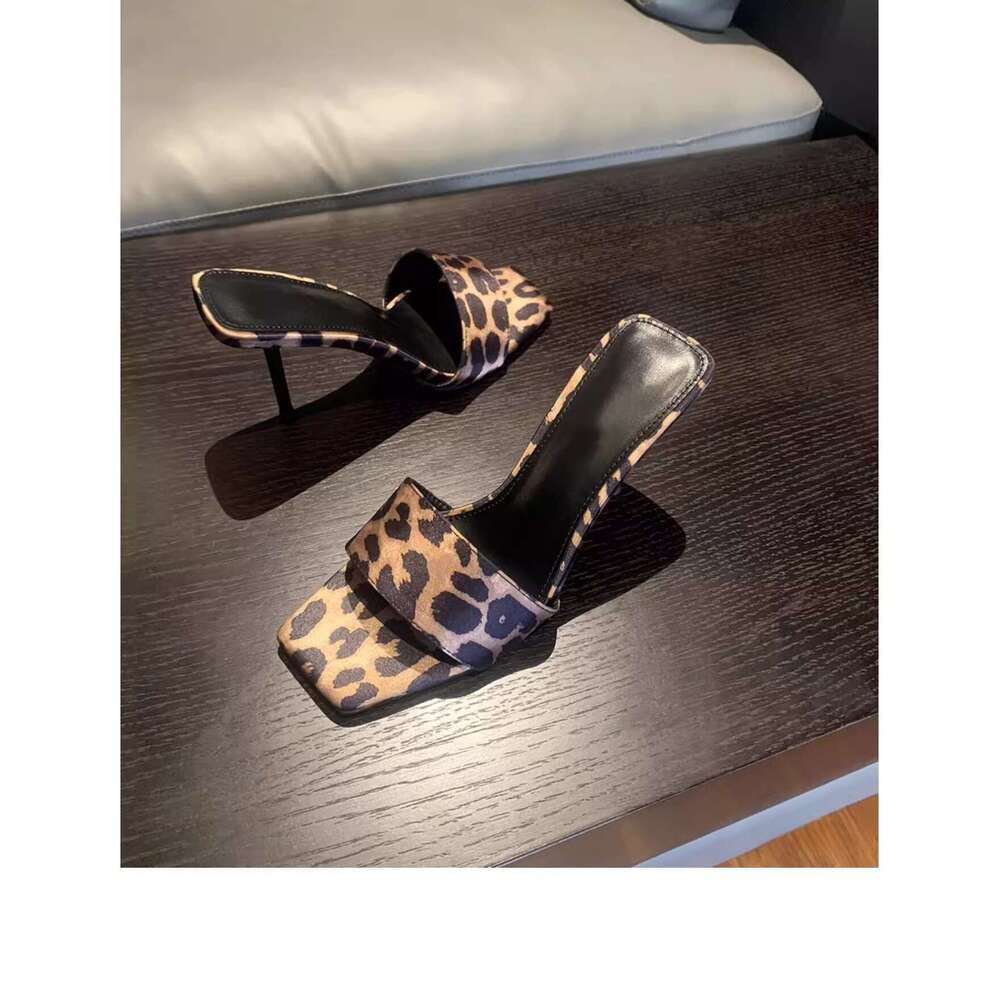 2026 New Satin Leopard Print One-Strap Sandals for Women Sexy High Heels Square peep Toe Elegant Design Shoe Slippers