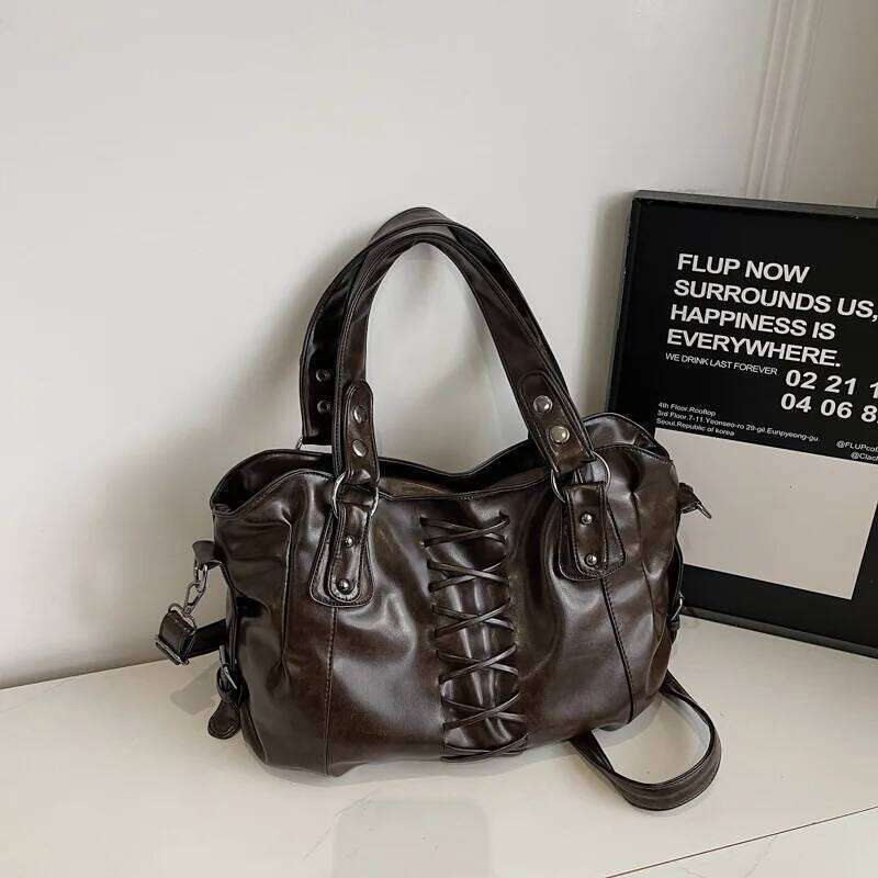 Studded Vintage Luxury Glossy Pu Women's Handbag Stylish Lace-up Motorcycle New Punk-style Large Capacity Tote Bag XJ260130