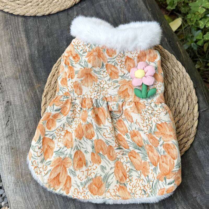 Flower Puppy Tulip Pet Clothes Teddy Dress Winter Warmth Skirt Thickened Dog Cotton Coat with Traction Buckle H260130