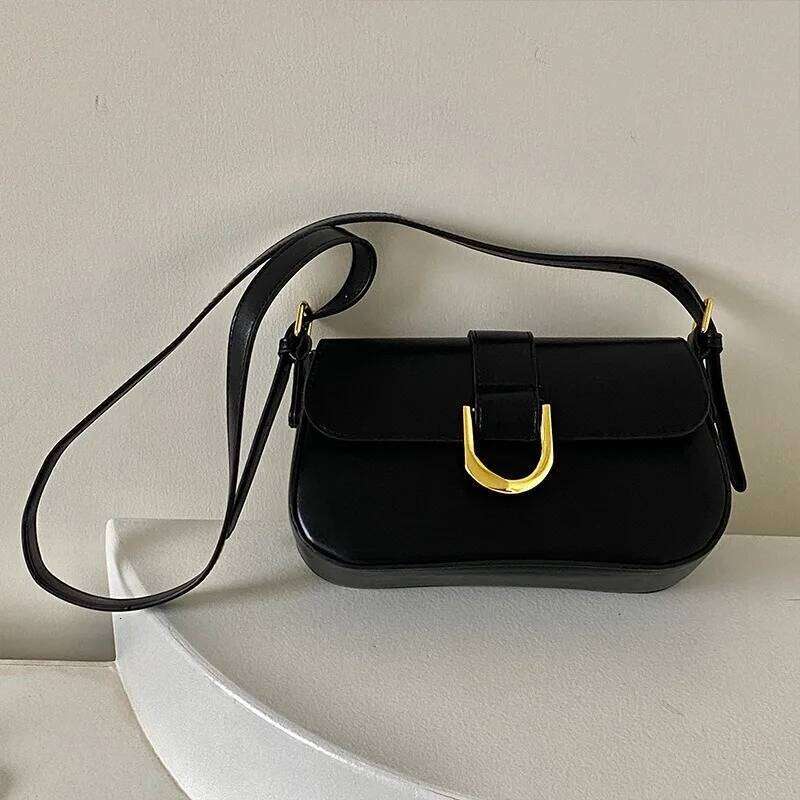 Classic PU Leather Horseshoe Buckle Casual Crossbody Soild Color Small Shoulder Bag with Zipper Closure Women Clutch Purse