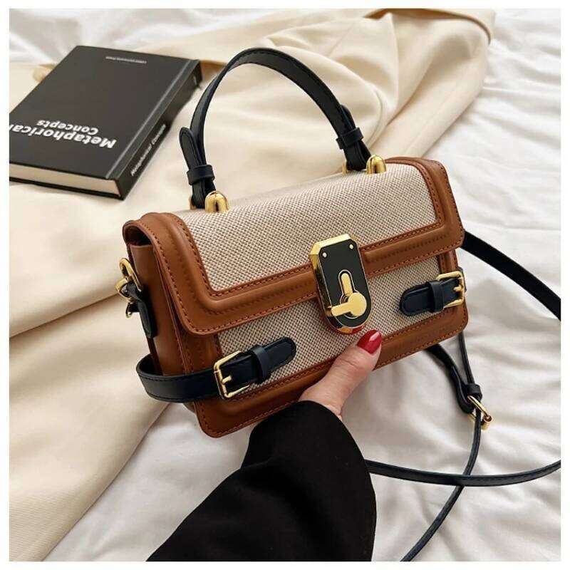 Fashion Colorblocking Design Women's Hundred Handbag Small Square Shoulder Bag Retro Leisure Crossbody PU Material