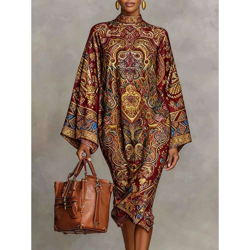 UOOZEE Women's Vintage Printed High Neck Kaftan Dress Long Sleeves Loose Elegant Evening Midi Dresses Robe 2026 New