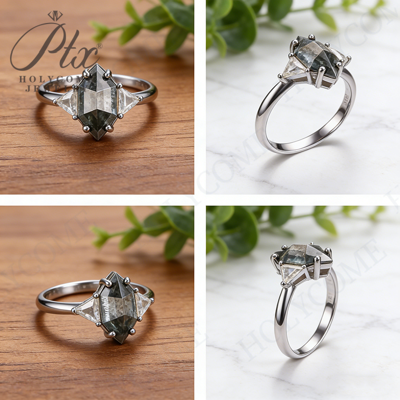 Elongated Hexagon Cut D Color Gray Moissanite Diamond Engagement 925 Sterling Silver Rings for Women Jewelry Wholesale