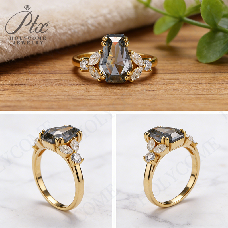 Customize Ring Salt and Pepper Moissanite Diamond Kite Pear Coffin Hexagon Half Moon Cut 925 Silver Wedding Vintage Jewelry