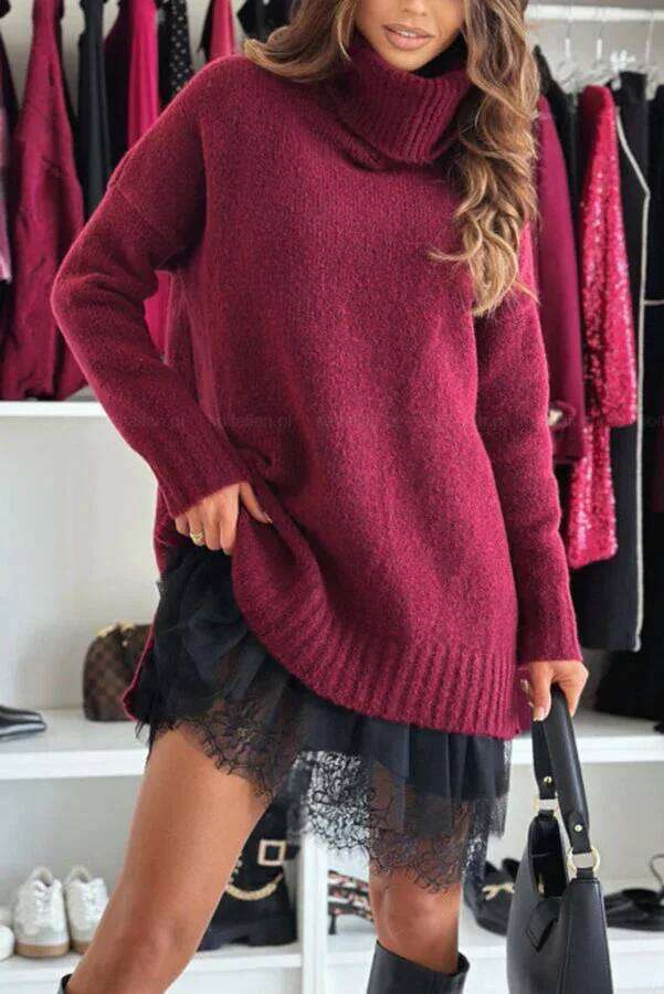 New Women's Dress 2-piece Knitted Sweater Turtleneck Lace Loose Fashionable Drop Shoulder Long Sleeve Female's Mini Skirt XJ260131