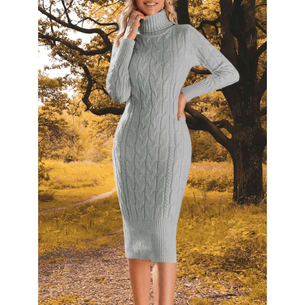 Womens Autumn Winter Daily Elegant Long Sleeve Turtleneck Sweater Knitted Bodycon Midi Sheath Jumper Dresses XJ260131