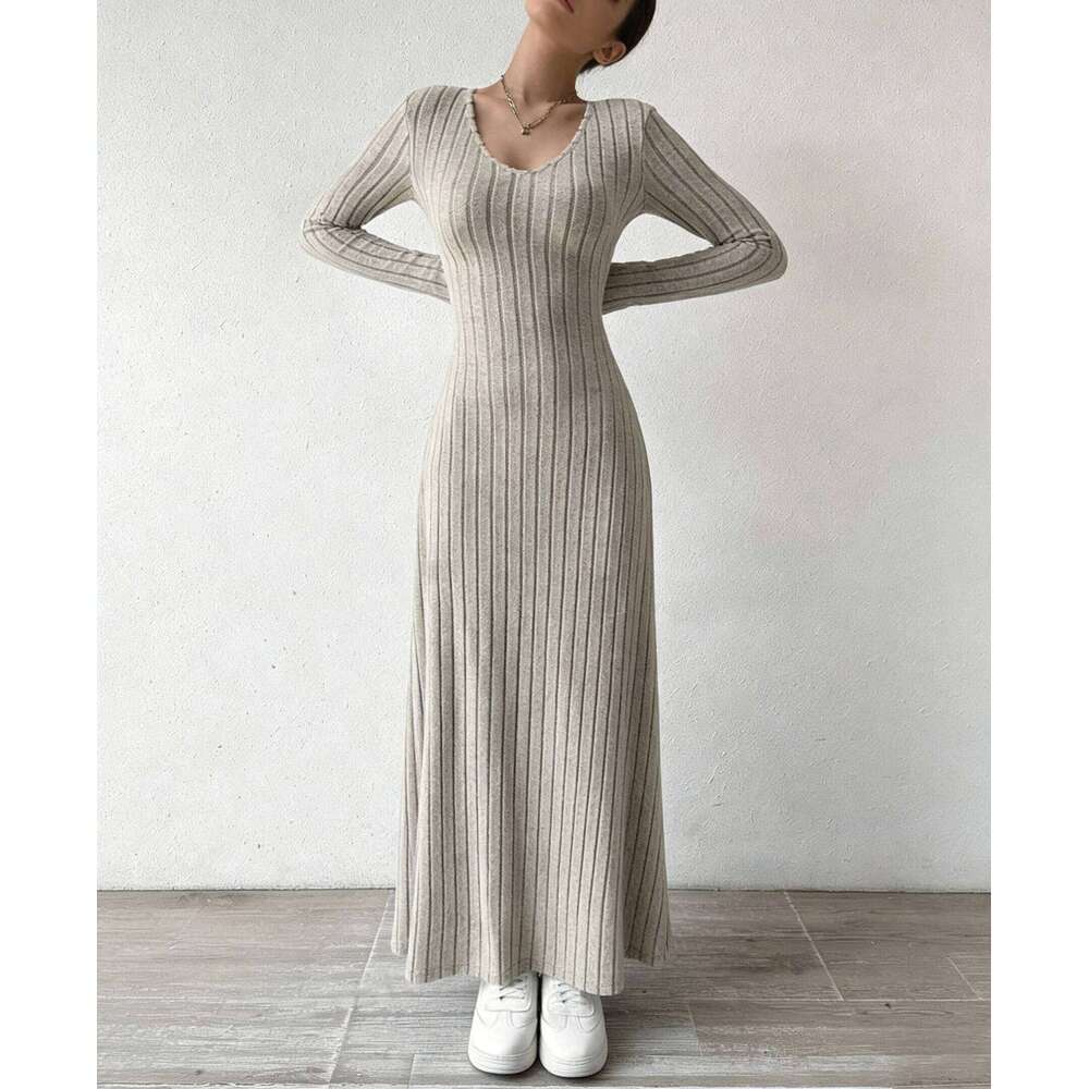 Women's Slim Fit Fashionable Knitted Long Sleeve A-Line Street Style Solid Color Maxi Dress XJ260131