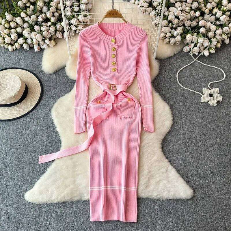 YuooMuoo Chic Fashion Autumn Winter Sleeve Knitted Bodycon Women Elegant Sash Bandage Long Sweater Dress Vestidos XJ260131