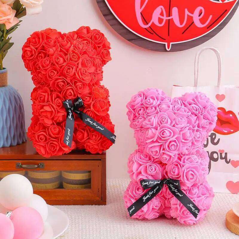Cute Rose In Bear Shape 22cm Handmade Fully Assembled Christmas Flower for Mom Mother Wife Birthday parties Gifts Y260131