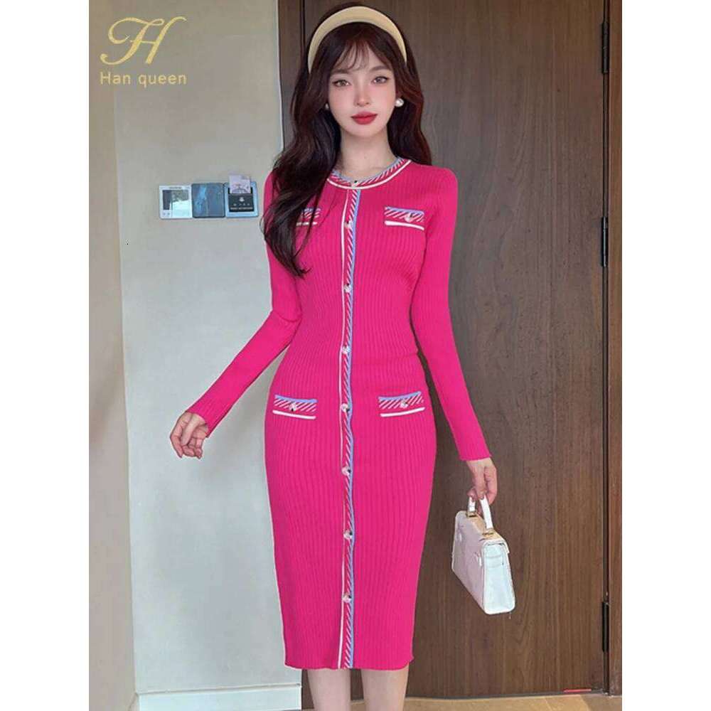 Simple Office Women's O-Neck Bodycon Sexy Sheath Pencil Dresses Autumn Casual Sweater Knitted Dress XJ260131