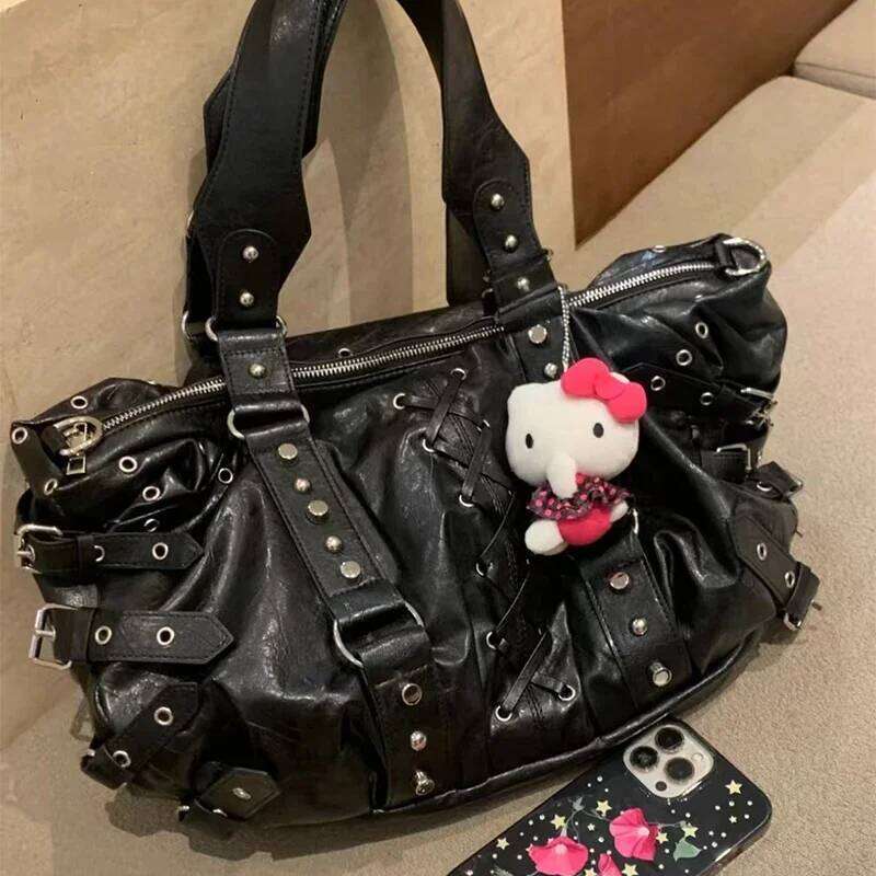 Studded Vintage Luxury Glossy Pu Women's Handbag Stylish Lace-up Motorcycle New Punk-style Large Capacity Tote Bag XJ260130