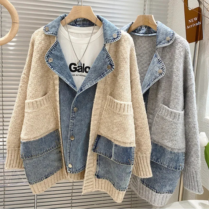 Womens Patchwork Denim Jacket with Fashionable Personality Loose and Lazy Style Thick Sweater Cardigan Autumn Product 260120