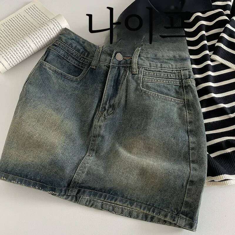 Retro Dark Denim Skirt 2025 A Word Spring Women High Belt Anti-exposure Short Dress New XJ260131