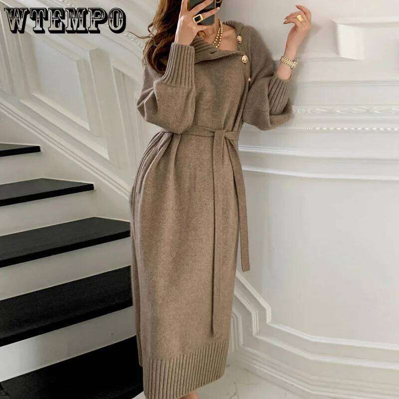 WTEMPO Women's Vintage Sleeve Knitwear Loose Buttoned Turtleneck Sweater Dress Autumn Winter Sexy Mid Long Knitted Dresses XJ260131