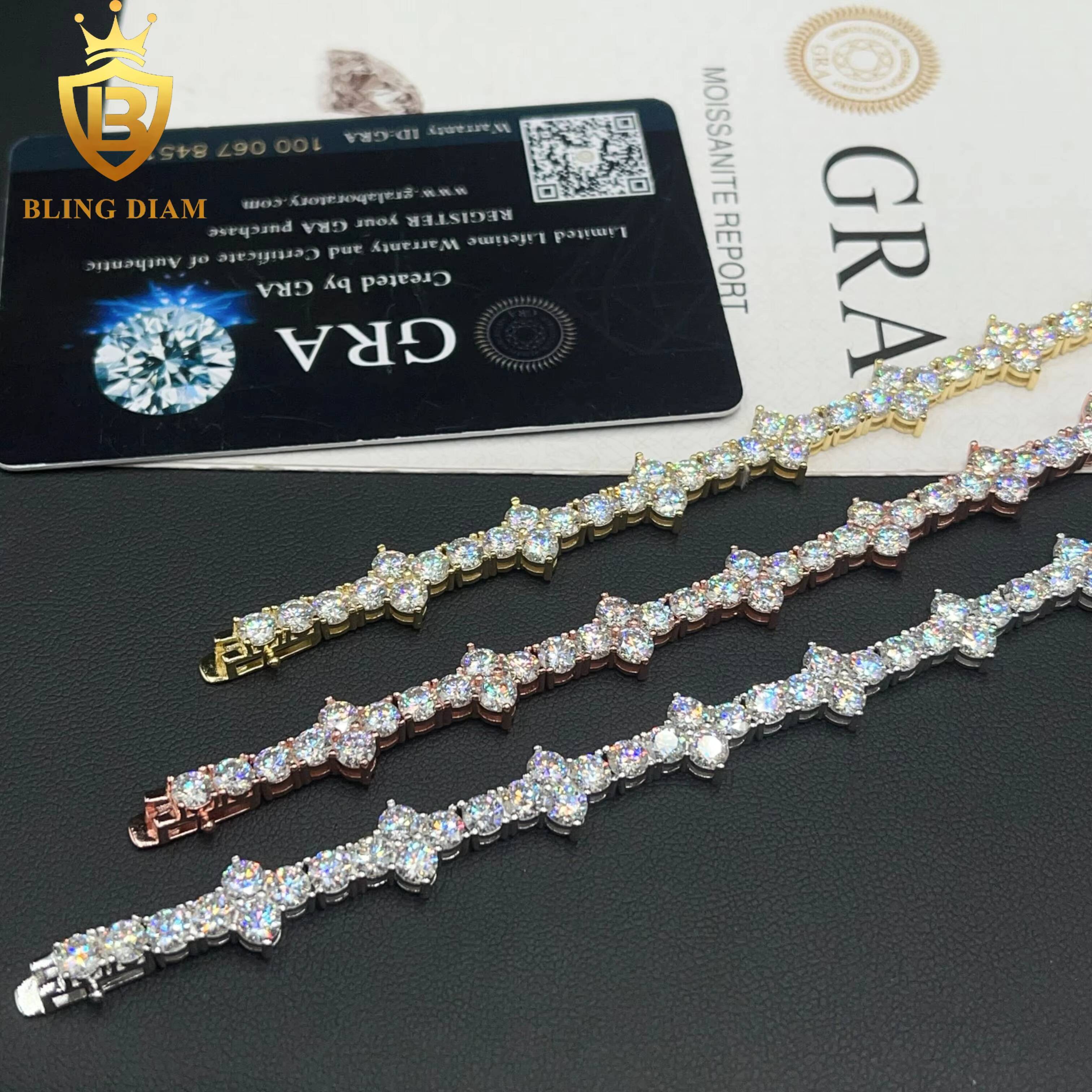 4mm Hip Hop Fine Jewelry 925 Sterling Silver Vvs Moissanite Diamond Cross Tennis Chain Bracelet