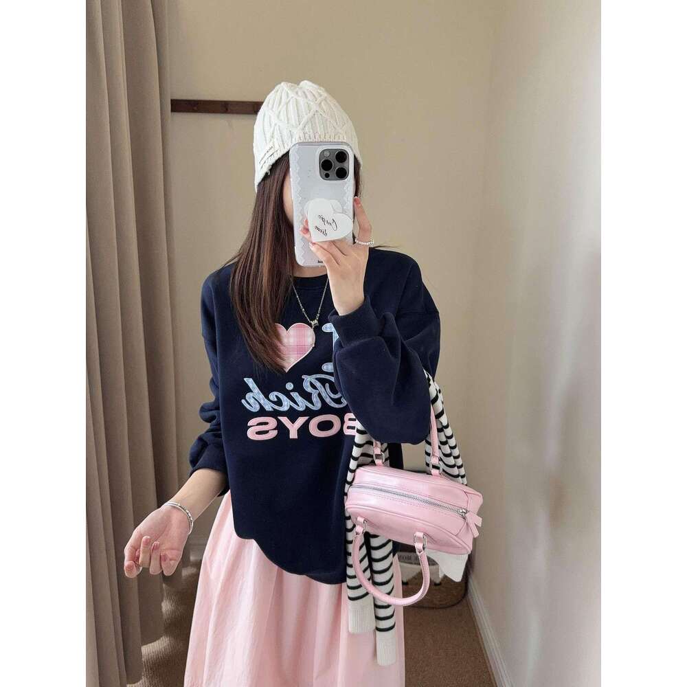 Korean Dongdaemun Patch Embroidery Round Neck Sweatshirt For Women, Autumn New Simple Letter Loose Casual Versatile Long Sleeve