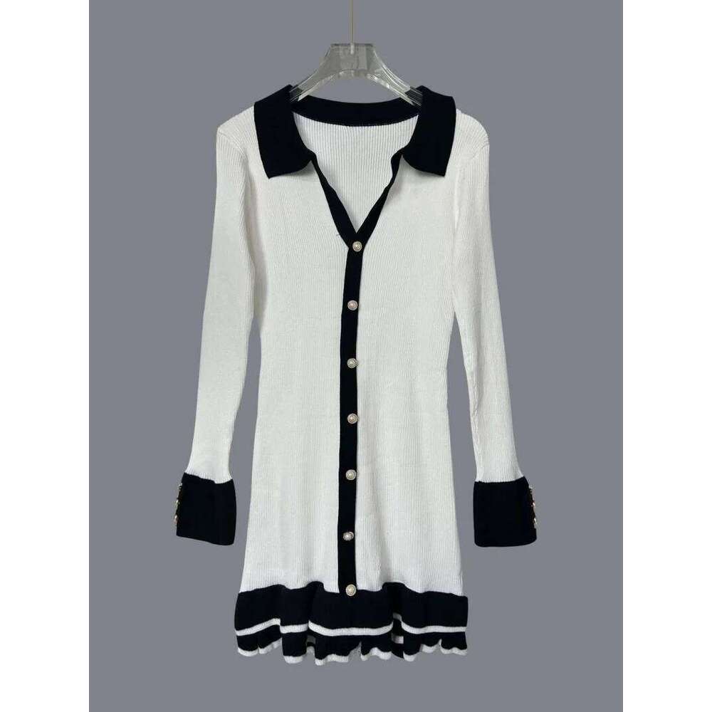 Elegant Colorblock Knitted Sweater Spring Clothes Women Long Sleeve Hem Ruffle Mini Dresses Female Slim Fit Knitting Dress XJ260131