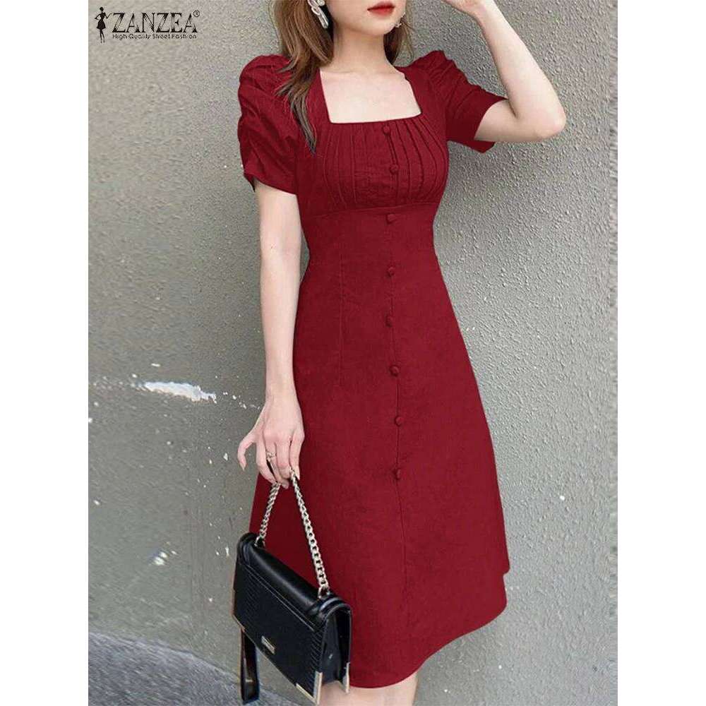 2025 Fashion OL Work Dress Women Square Neck Sundress Casual Loose Vestidos Short Puff Sleeve Solid Color Knee-Length Robe Femme XJ260131