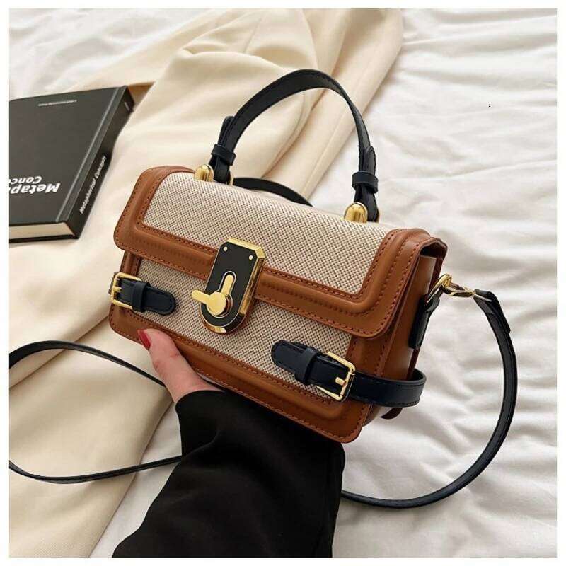 Fashion Colorblocking Design Women's Hundred Handbag Small Square Shoulder Bag Retro Leisure Crossbody PU Material