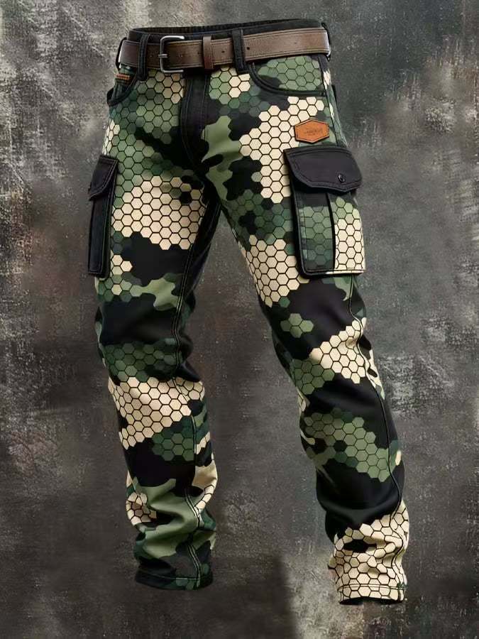 Men's Punk Rock Denim Cargo Pants, Vintage Print & Distressed Workwear Style, Relaxed Straight Leg Jeans