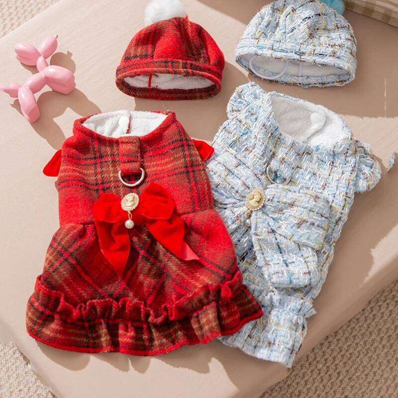Fleece-Lined Bow Pet Dress Winter Warmth Two-Legged Clothes Pretty Checkered Skirt for Puppies Dog Accessories H260130