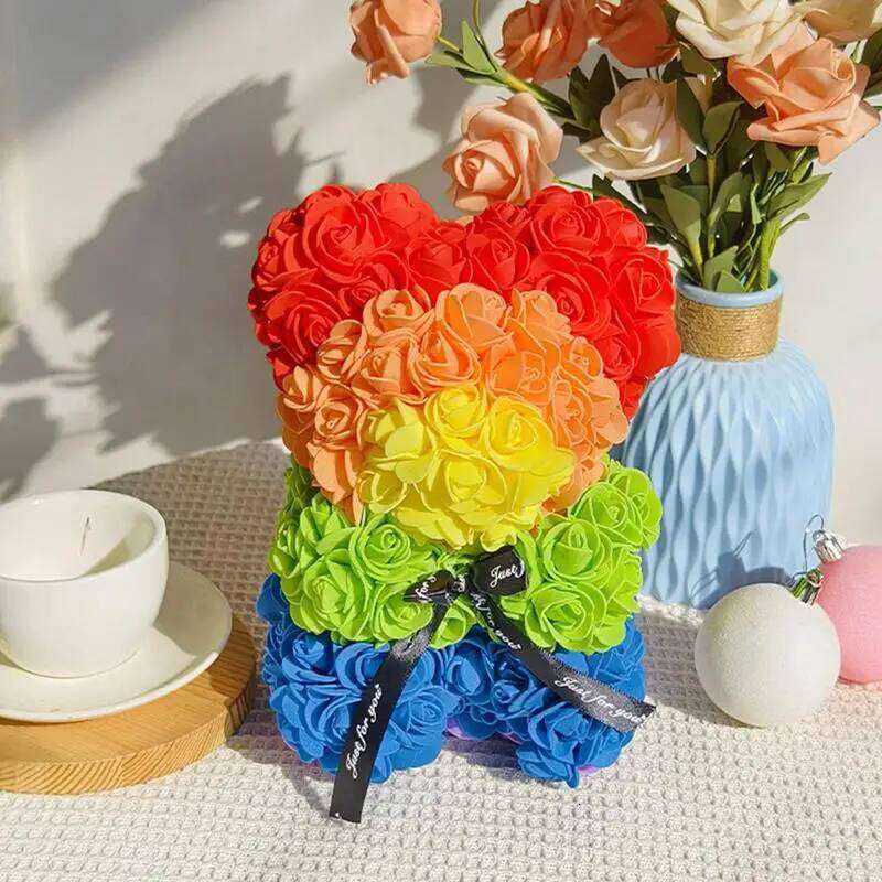 Cute Rose In Bear Shape 22cm Handmade Fully Assembled Christmas Flower for Mom Mother Wife Birthday parties Gifts Y260131