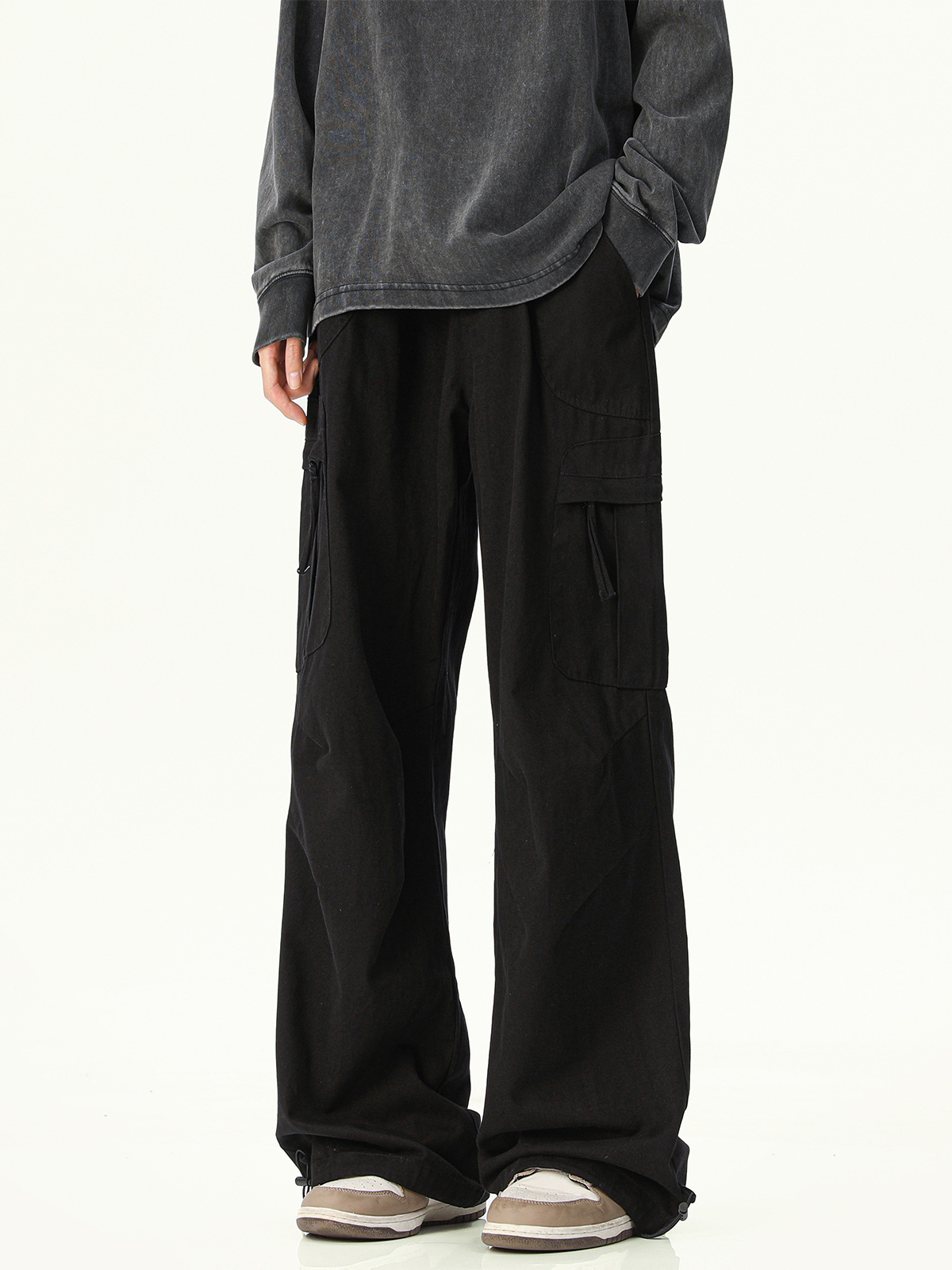 Men's Maillard Hue Cargo Pants, Hip-Hop Parachute Style Wide Leg Trousers, High Street Vintage Utility Wear - view 6