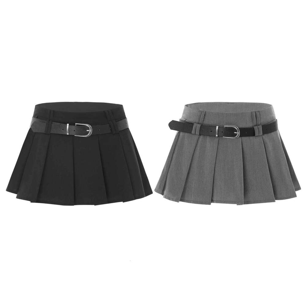 Womens Pleated Mini Waist Belt Side Zipper Solid Color JK Skirt with Safety Shorts for Daily Wear Shopping Vacation XJ260131
