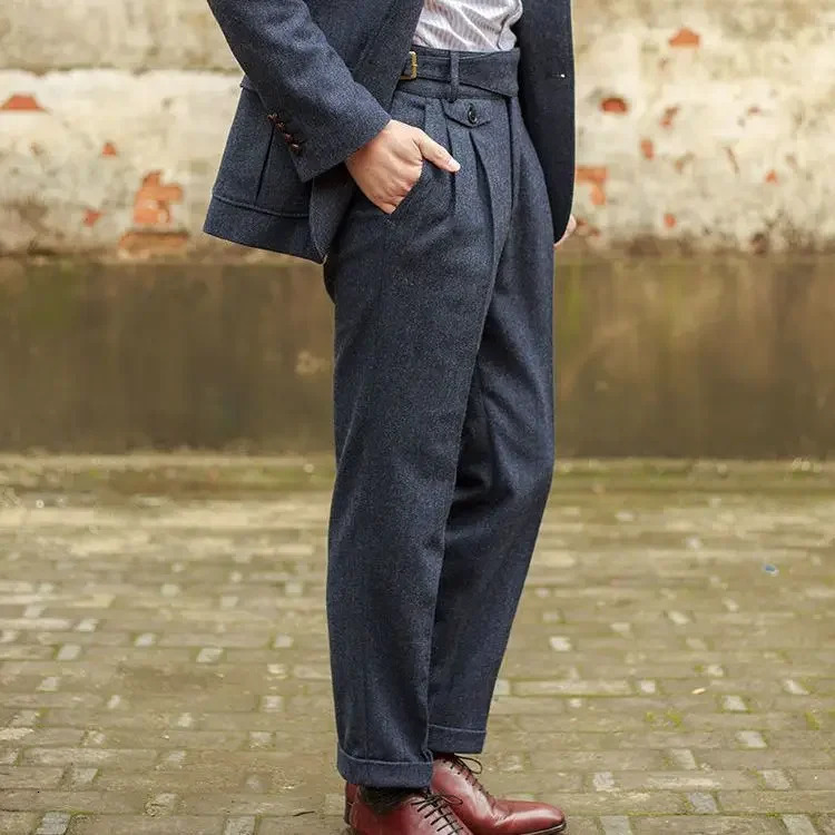 2025 Mens Autumn Winter Retro Pockets Loose Wool Trousers Male High Waist Straight Suit Pant Men Fashion Long Casual Pants F358 260120